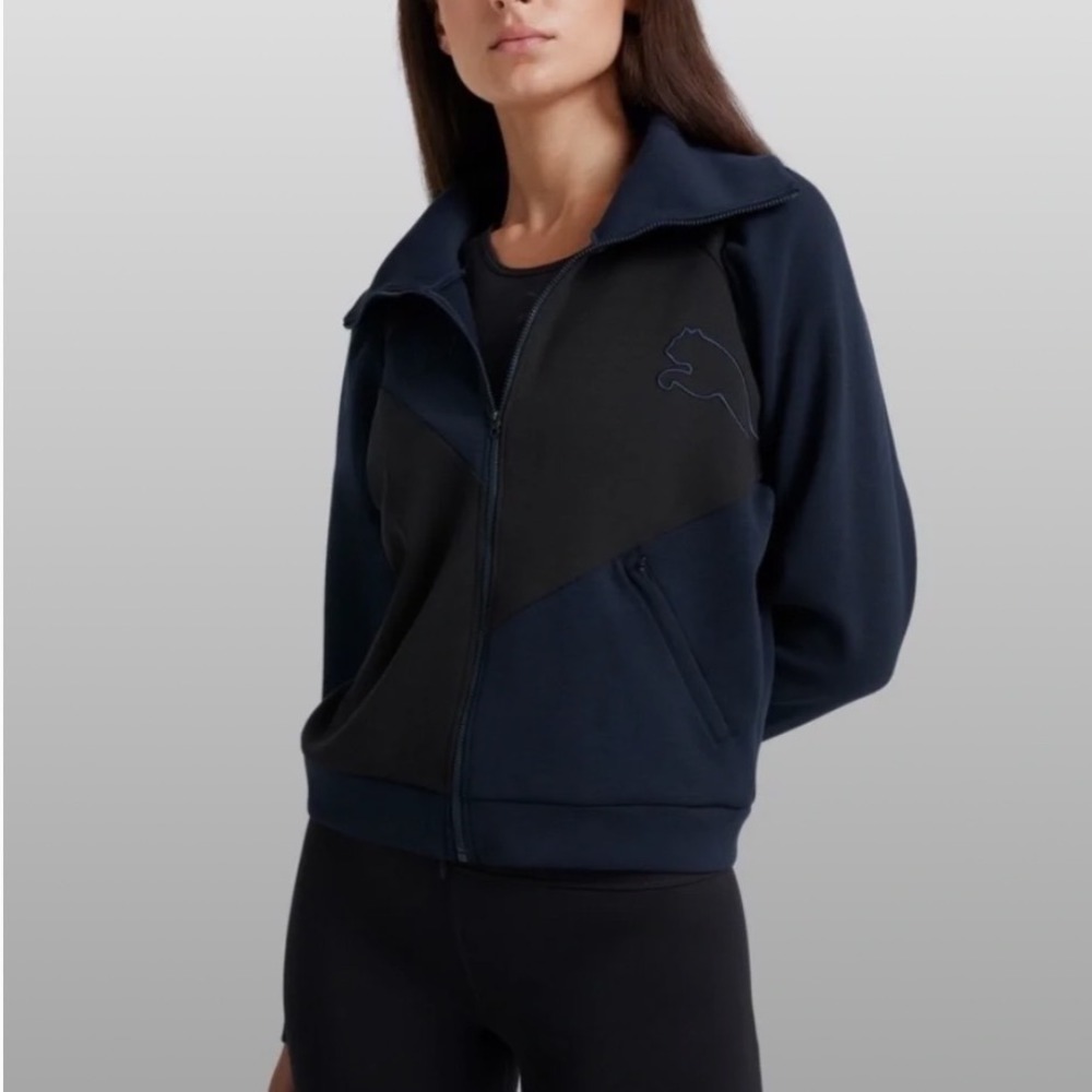 Puma x Goop Womens Navy Black Colorblock Full Zip Track Jacket Puff Sleeve S